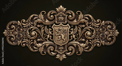 Ornate golden heraldic crest with intricate details and regal design elements.