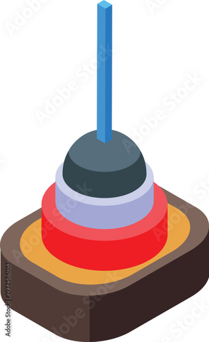 Colorful toy pyramid balancing on a wooden base with a stick protruding from the top, providing entertainment and educational value for children