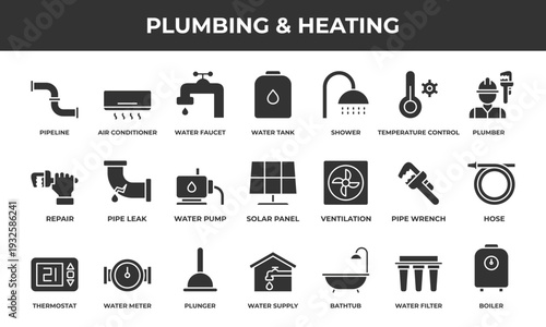 Plumbing and heating icon set. Contains solid icons related to pipe, shower, pipe wrench, bathtub, plumber, and more.