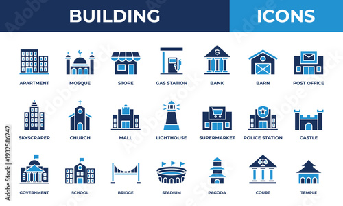 Building icon set. Contains blue icons related to apartment, store, mall, mosque, church, and more.