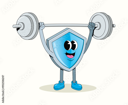 shield weightlifting groovy cartoon illustration
