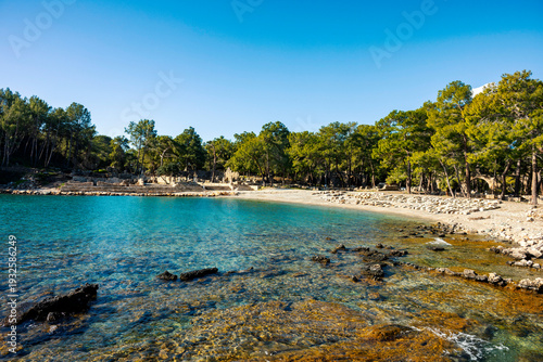 Phaselis ruined building with a tree growing through it near the coast.  Phaselis antic archeologic site in Turkey Kemer Antalya.The ancient site of Phaselis lies 58 km south of Antalya on an isthmus 