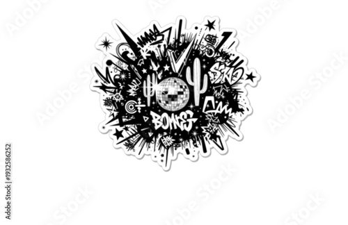 Edgy Chaos Cluster Sticker Silhouette with Disco Ball and Cactus, Maximalist Urban Vector Illustration for Laptop Decals