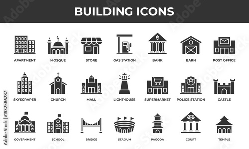 Building icon set. Contains solid icons related to apartment, store, mall, mosque, church, and more.