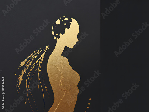 Golden abstract profile silhouette of a woman's head and shoulders with energetic splashes and dots on a dark backdrop.