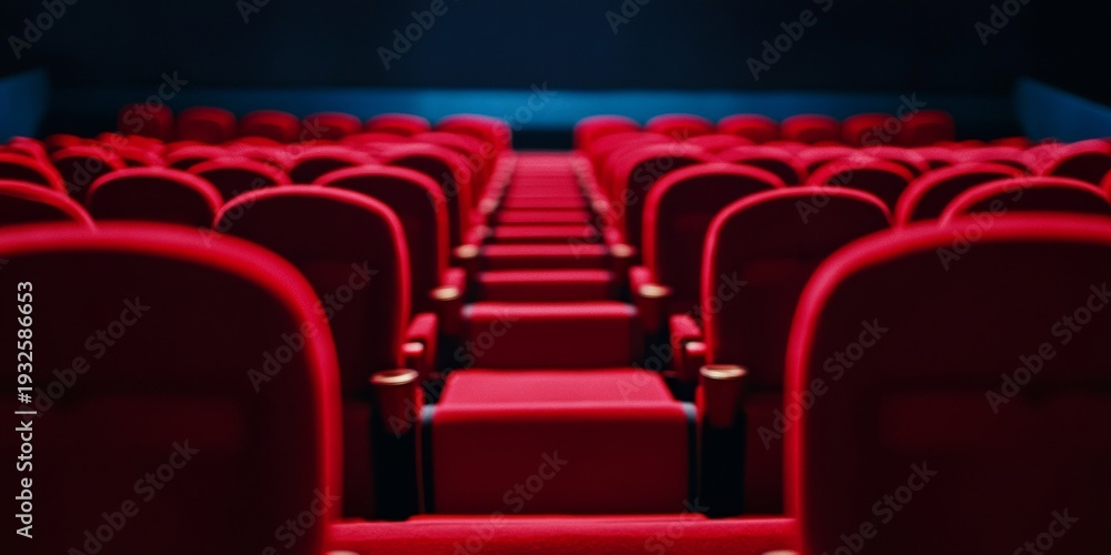 Obraz premium This is a still image of an empty movie theater with numerous red seats. The theater appears ready for customers to arrive and enjoy the show.