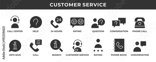 Customer service icon set. Contains solid icons related to call center, help, question, call, rating, and more.