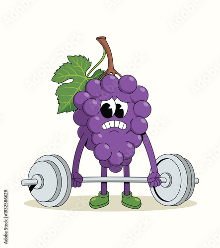 grapes hard weightlifting style groovy cartoon illustration
