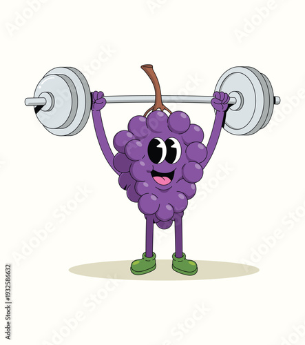 grapes weightlifting groovy cartoon illustration