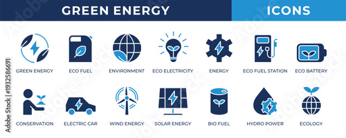 Green energy icon set. Contains blue icons related to environment, conservation, wind energy, biofuel, ecology, and more.