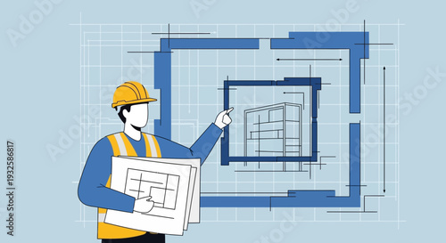 Architect pointing at blueprint, construction plan, building design, engineering project