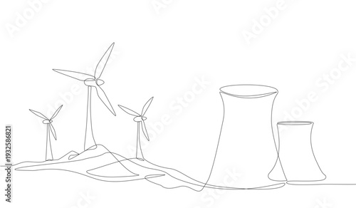 Continuous one line drawing of wind turbines and nuclear power plant cooling towers in a minimalist landscape, symbolizing renewable and conventional energy production. Vector Editable stroke  