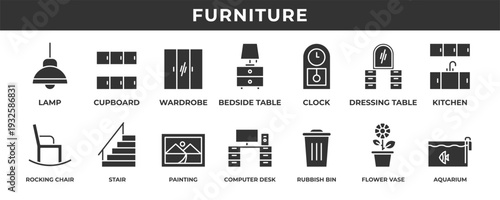 Furniture icon set. Contains solid icons related to lamp, clipboard, clock, wardrobe, stair, and more.