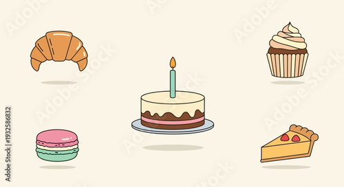 Collection of delicious baked goods and desserts, flat illustration