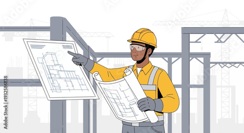 Construction worker in hard hat and safety glasses reviews blueprint on site