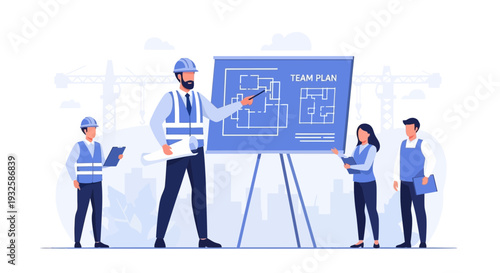 Construction Team Planning Blueprint on Screen, Engineering Project Management