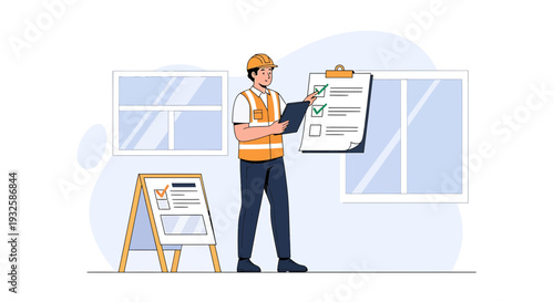 Construction Worker Inspecting Checklist on Clipboard, Safety Vest, Hard Hat