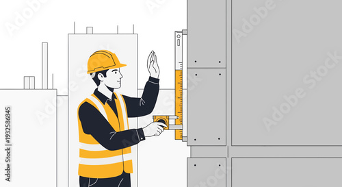 Construction worker measuring building exterior with blueprint and safety gear