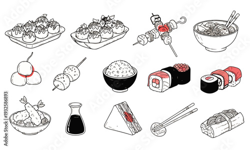 Japanese Food Hand Drawn Icon Set in Monochrome Outline Style
