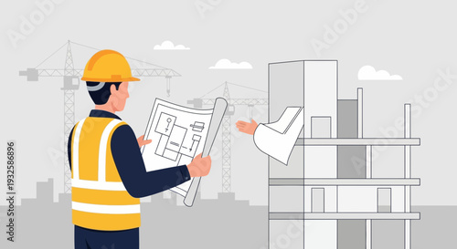 Construction worker with blueprint reviews building progress at site