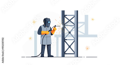 Welder Working on Metal Structure, Sparks Flying, Industrial Construction