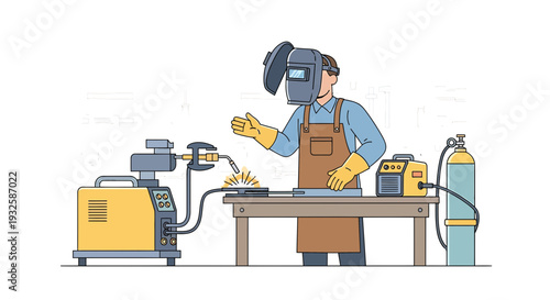 Welder in Protective Gear Working with Metal and Welding Machine
