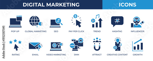 Digital Marketing icon set. Contains line icons related to trend, influencer, email, attract, seo, and more.