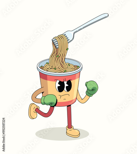 instant noodles cup boxer groovy cartoon illustration