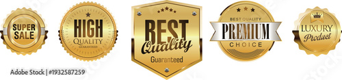 Golden quality and sale badges on a white background