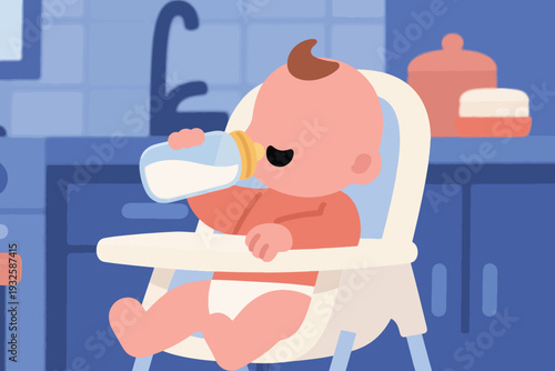 Cute Baby Cartoon Vector Sitting Drinking Milk Bottle Illustration Creative Design Template 