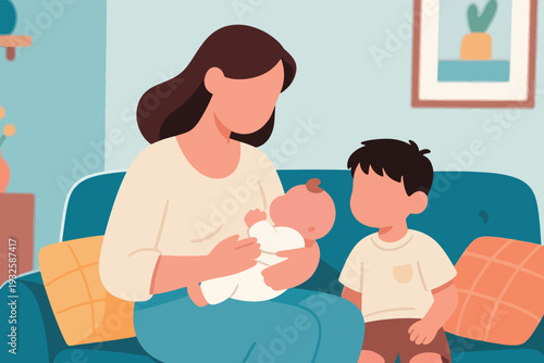 The Happiness of the Family of Mother, Older Brother, and Little Baby Illustration Creative Design Template 