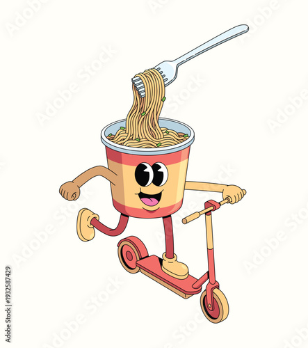 instant noodles cup kick scooter groovy cartoon illustration