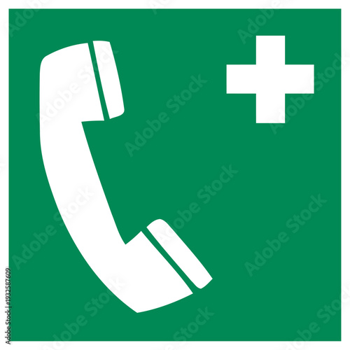 Emergency Call Telephone Sign with First Aid Cross on Green Background