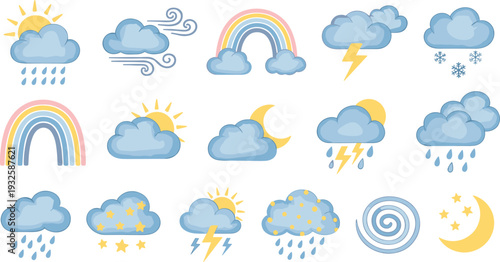 Cute Weather Icon Set Rainbow Cloud Rain Snow Storm Sun Moon Vector Illustration Collection