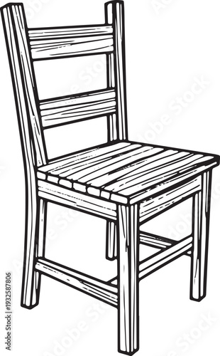 Simple outline drawing of classic wooden chair with slatted seat and backrest perspective view