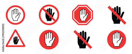 red forbidden signs showcasing no touch, no entry, and ban symbols for safety, public rules, and warning signage, bold prohibition icon set for hazard communication, restricted access areas, workplace