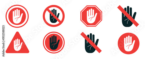 red forbidden signs showcasing no touch, no entry, and ban symbols for safety, public rules, and warning signage, bold prohibition icon set for hazard communication, restricted access areas, workplace
