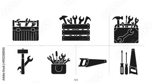 Minimalist flat vector illustration set of handyman and tool icons arranged in a clean grid layout.