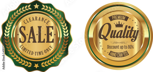 Golden clearance sale and quality badges on white background