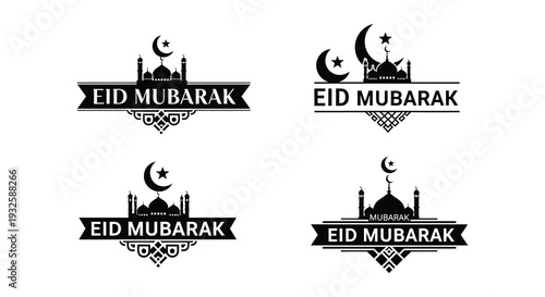 Four eid mubarak graphic designs with crescent moons and mosques