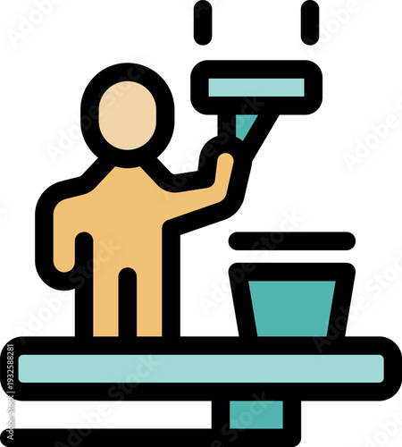 Professional window cleaner cleaning a window with a squeegee while standing on a platform