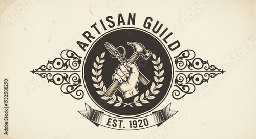 Artisan Guild emblem featuring tools and laurel wreath, established in 1920.