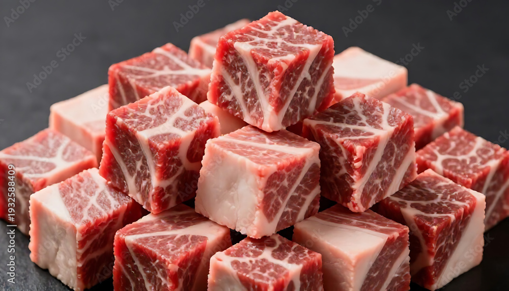 Fototapeta premium A close up view showcases a neatly stacked pile of raw cubed beef short ribs displaying rich marbling and textures