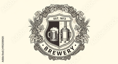 Vintage Brewery Emblem - Shield with Beer Mug and Brewing Kettle, Established in 1872.