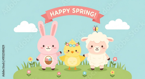 Spring animals friends standing on green grass with flowers and easter eggs happy spring banner