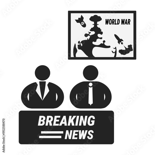 Isolated stick figure silhouette illustration of a female and male presenter reporting on world war with a monitor depicting the globe, a nuclear bomb, and a rocket. for world war news icon.