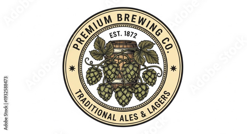 Vintage brewery logo featuring hops and barrel, traditional ales and lagers.