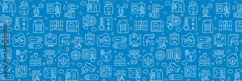 Smart Home Linear Seamless Pattern with Automation and Security, House Icons, Outline Technology Background