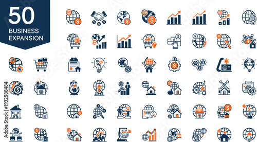 Business Expansion Icon Set Featuring Global Growth Strategy Investment Analytics International Trade and Market Development Concepts in Modern Flat Blue and Orange Vector Illustration Collection