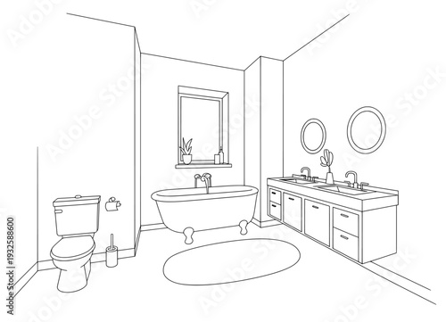 Modern bathroom interior line art vector with bathtub and double vanity isolated PNG with Transparent Background